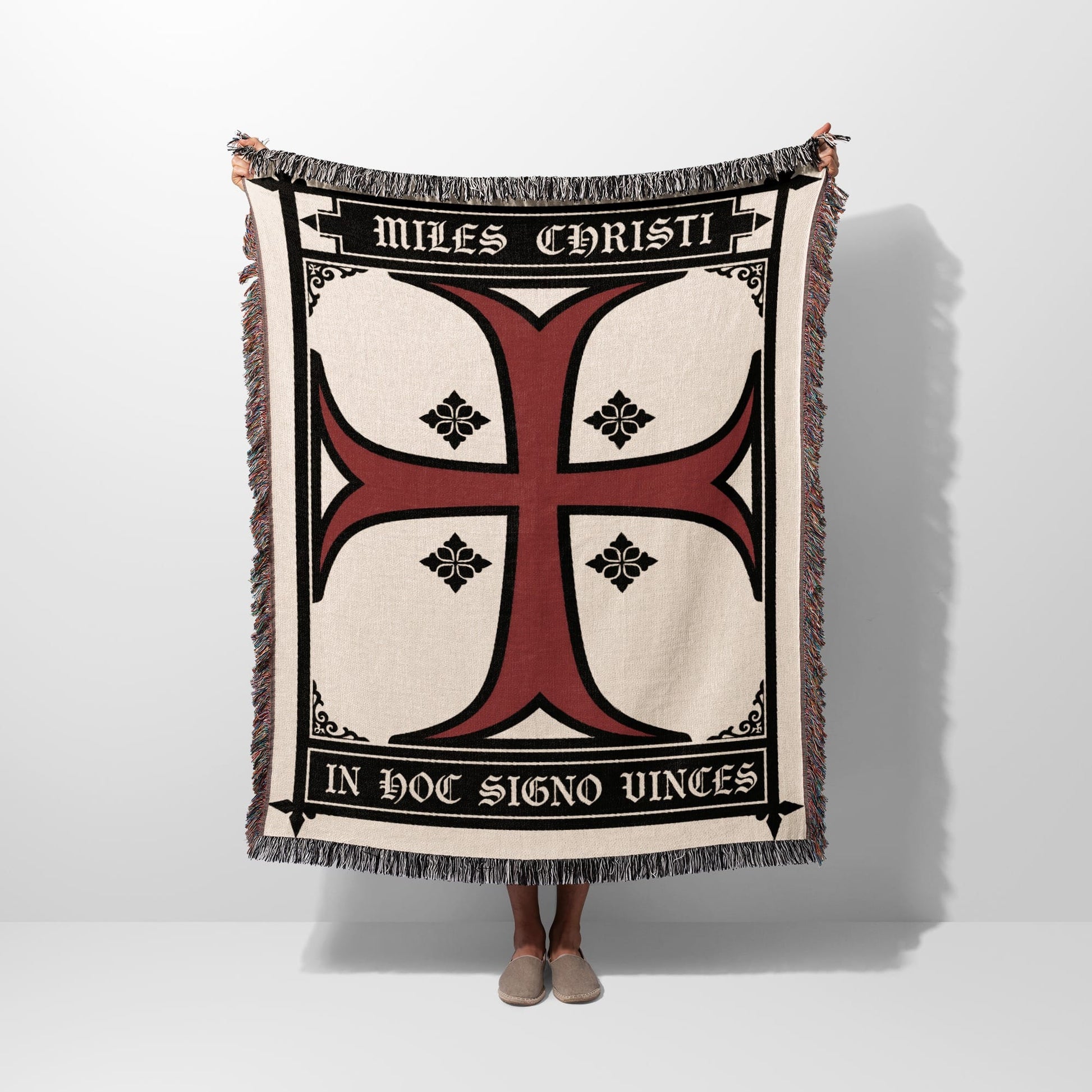 Cream blanket with red cross and text "MILES CHRISTI IN HOC SIGNO VINCES".