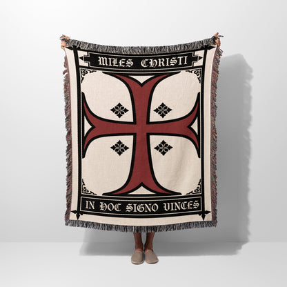 Cream blanket with red cross and text "MILES CHRISTI IN HOC SIGNO VINCES".