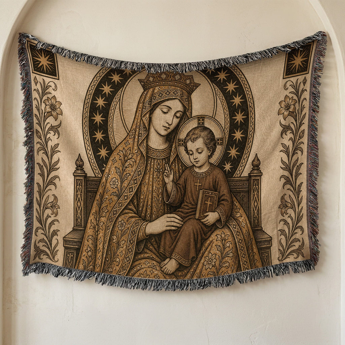 CalmNestStyle Madonna and Child in Gold jacquard woven blanket