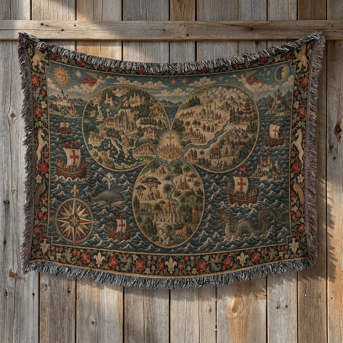CalmNestStyle Mappa Mundi I Floral Border jacquard woven blanket