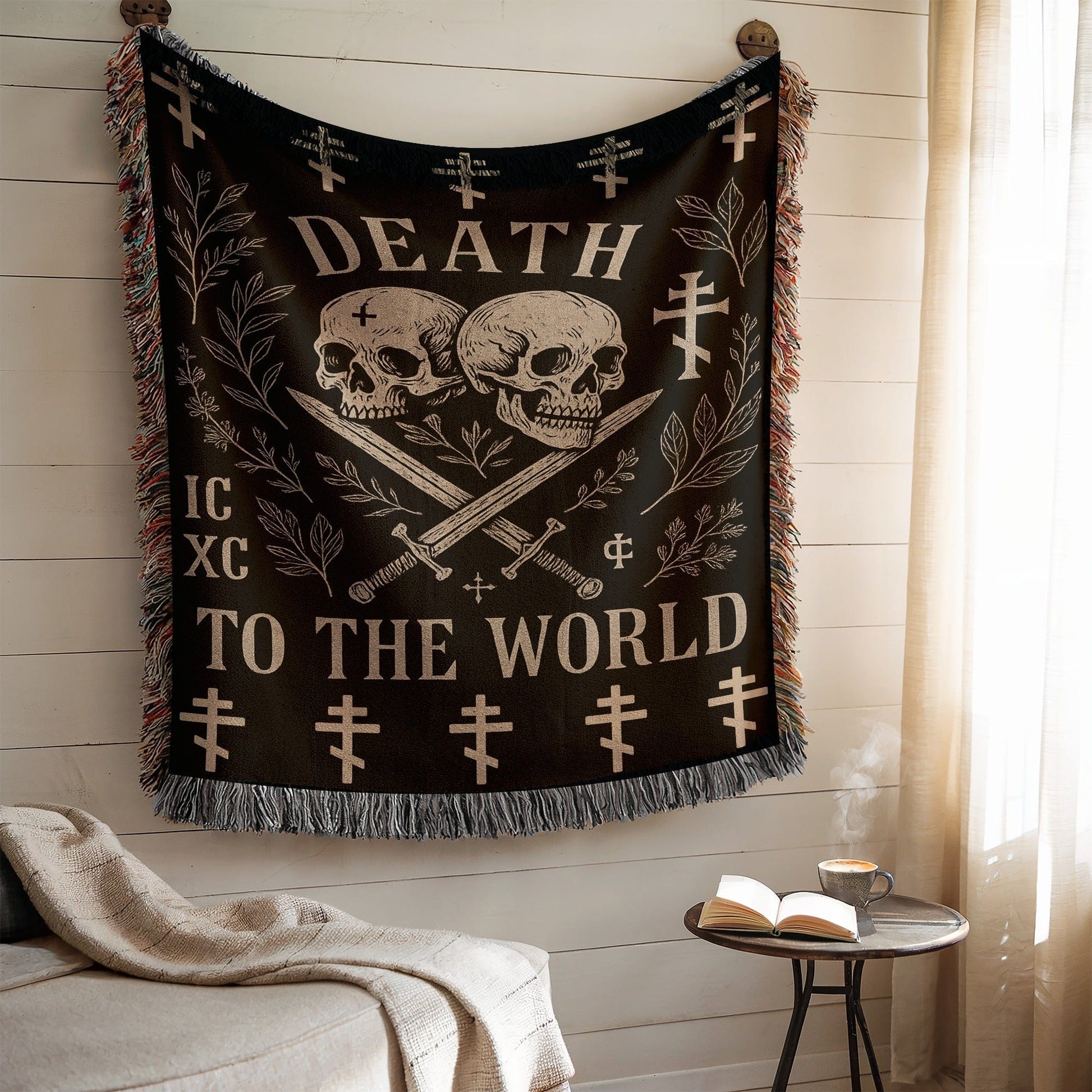 Death to the World Skull and Crossed Swords Throw Blanket