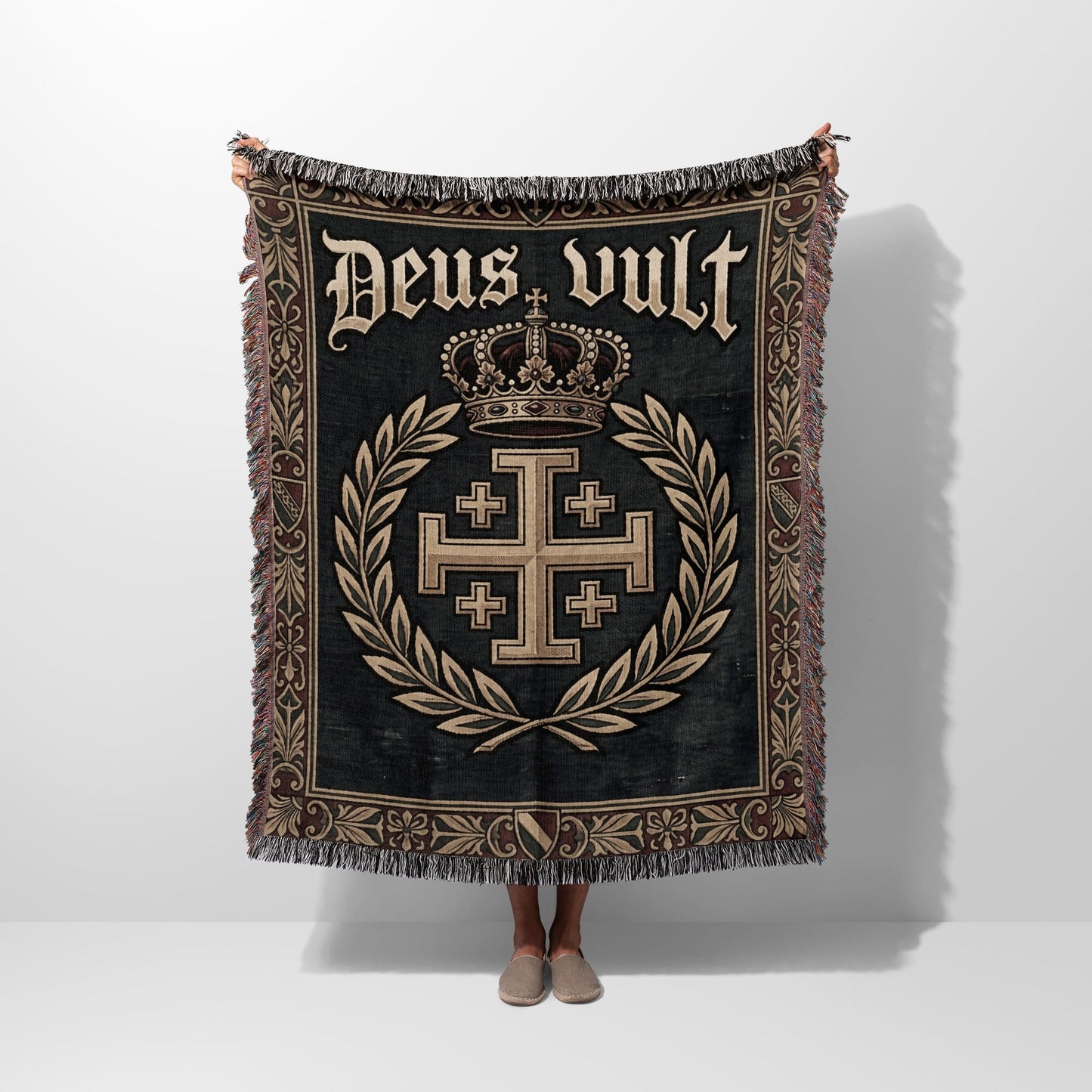 Tapestry with "Deus Vult" text, a crown, and Jerusalem cross.