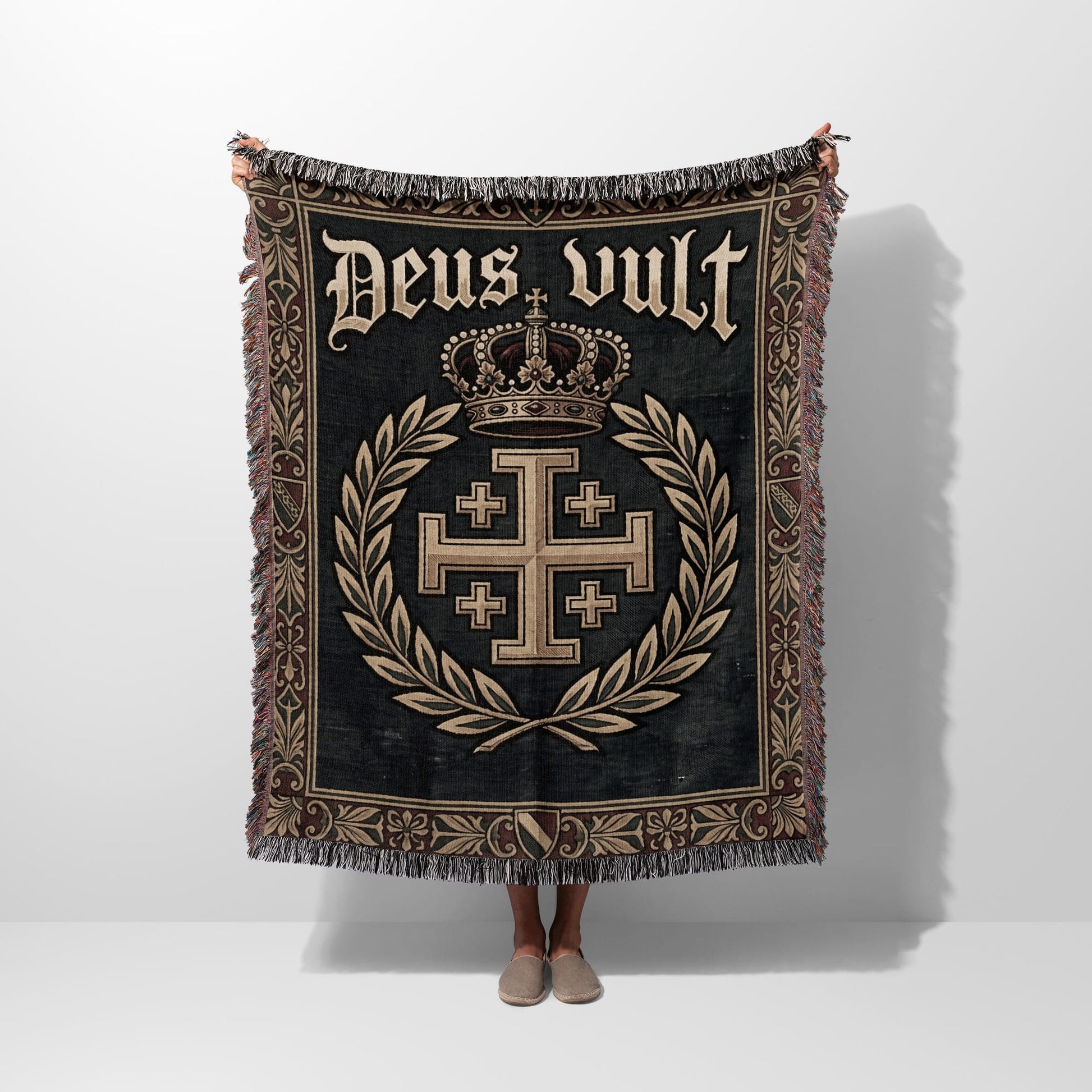 Tapestry with "Deus Vult" text, a crown, and Jerusalem cross.