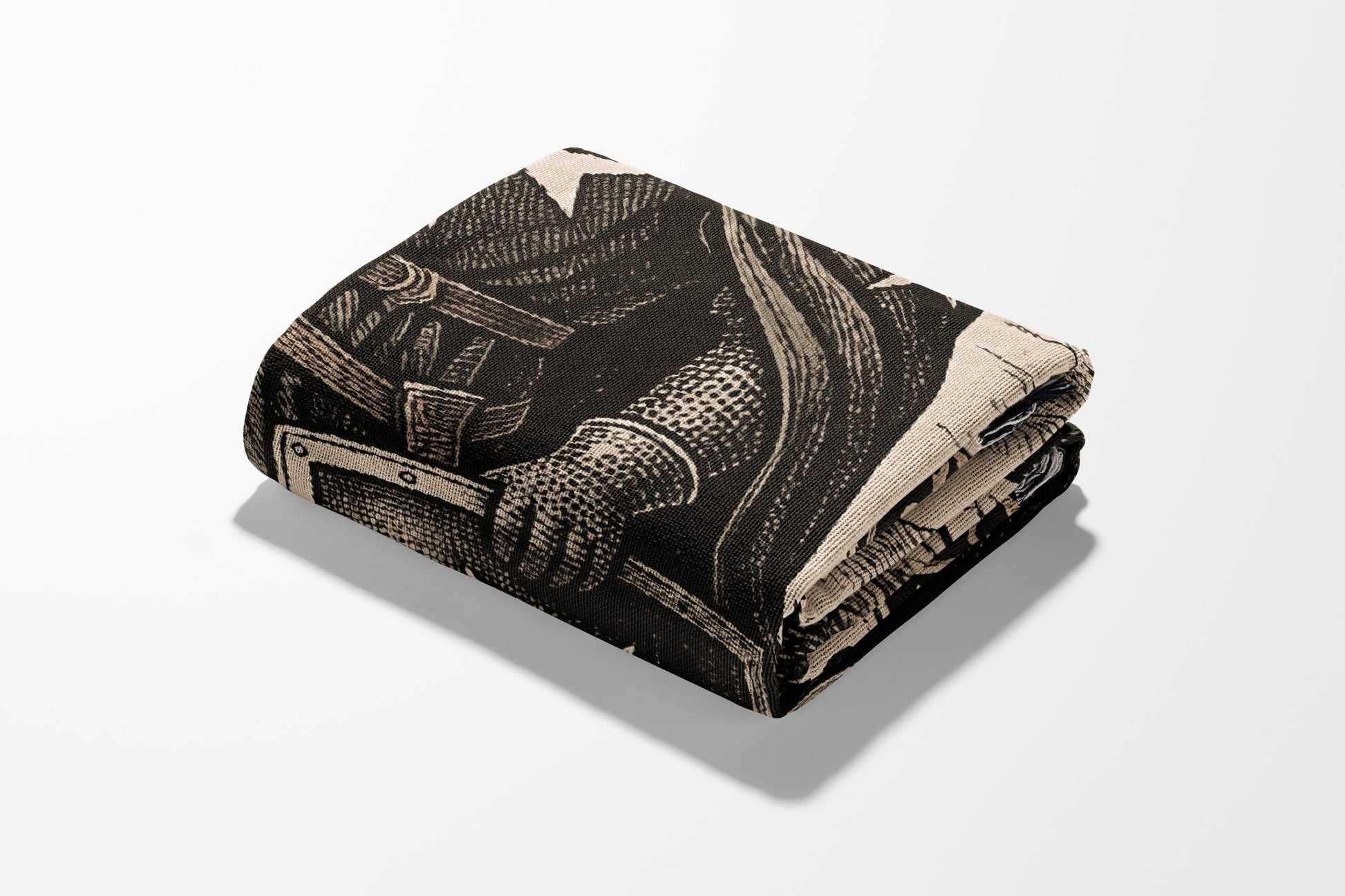 Folded textile with medieval knight graphic and chainmail details.