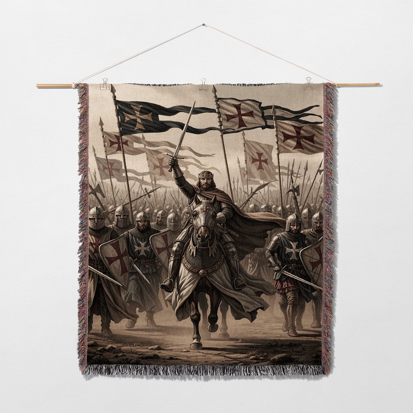 Knight on horseback leading an army of knights with swords raised and banners.