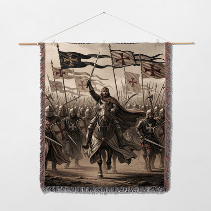 Knight on horseback leading an army of knights with swords raised and banners.