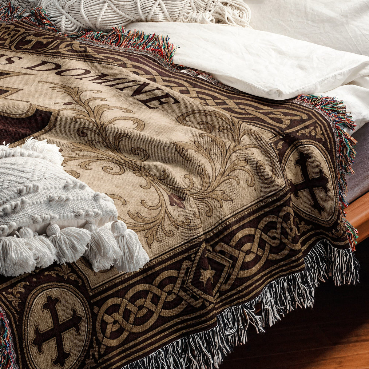 MyDesigns Medieval Tapestry Blanket – Non Nobis Domine Jerusalem Cross Woven Throw, Parchment Gold jacquard woven blanket