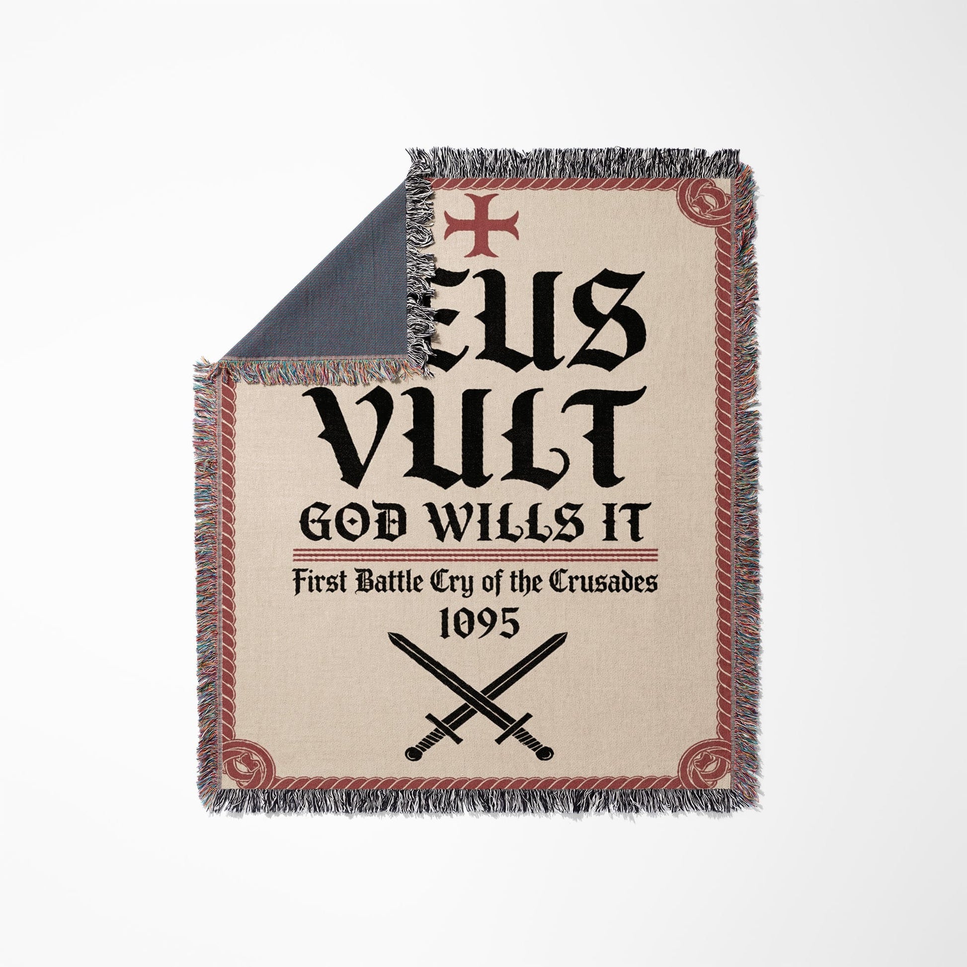Tapestry with "Deus Vult" and crossed swords in gothic font, 1095.