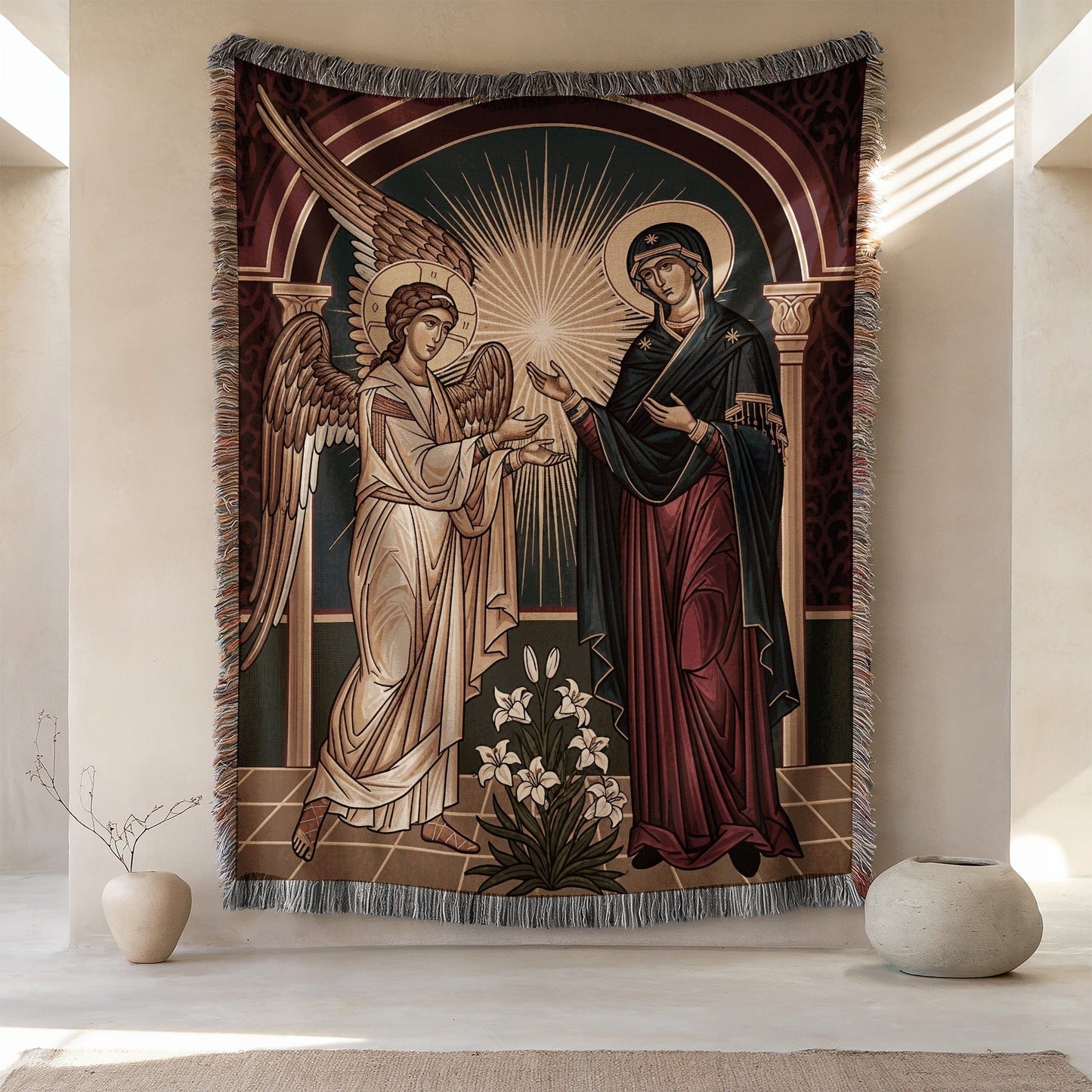 Sacred Angel and Madonna Tapestry Religious Wall Art Decor