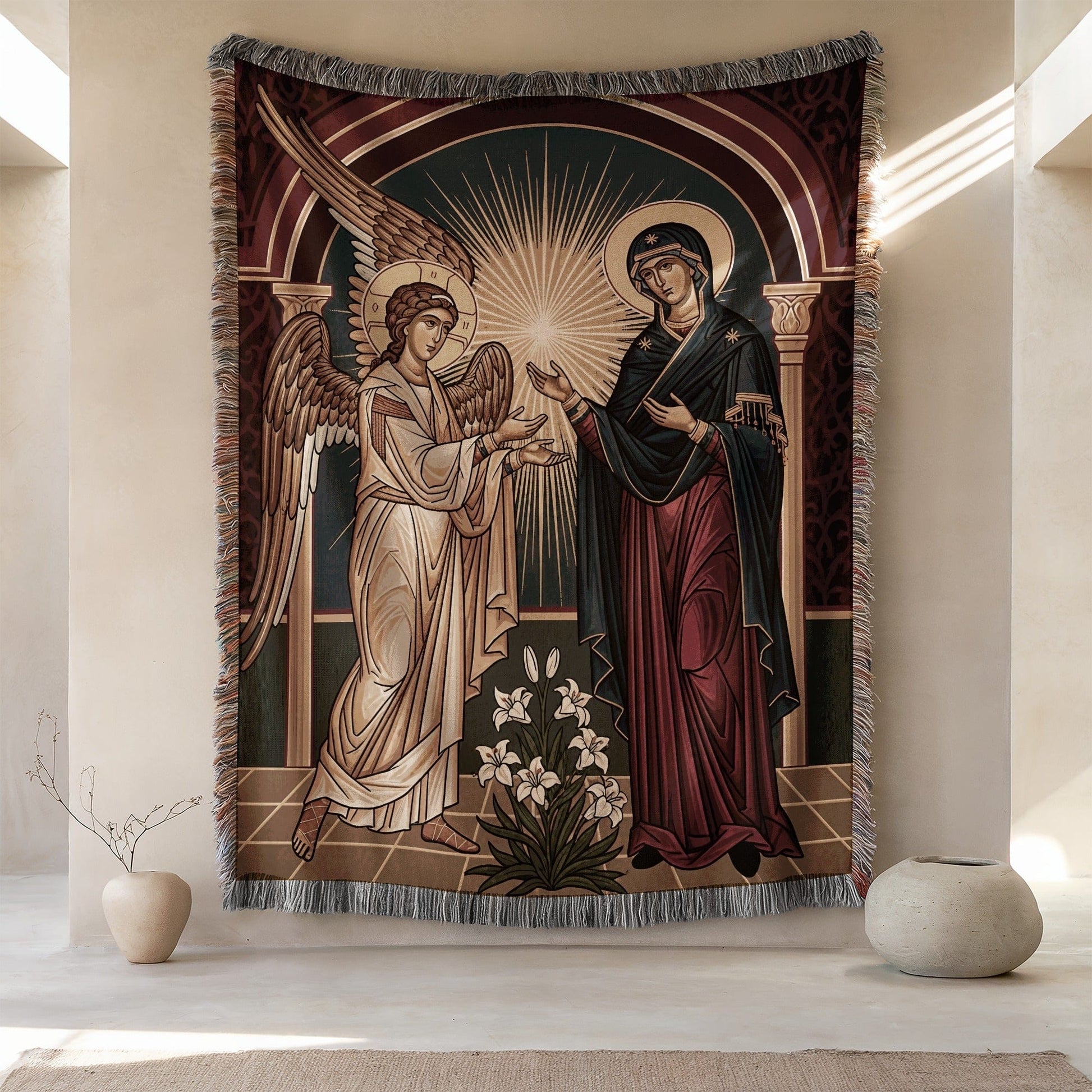 Sacred Angel and Madonna Tapestry Religious Wall Art Decor