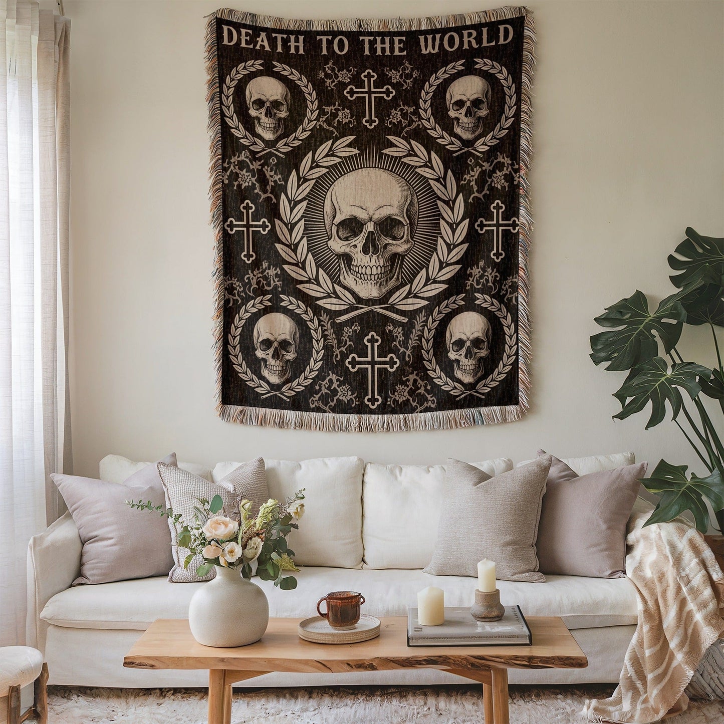 Death to the World Skull and Crosses Wall Tapestry