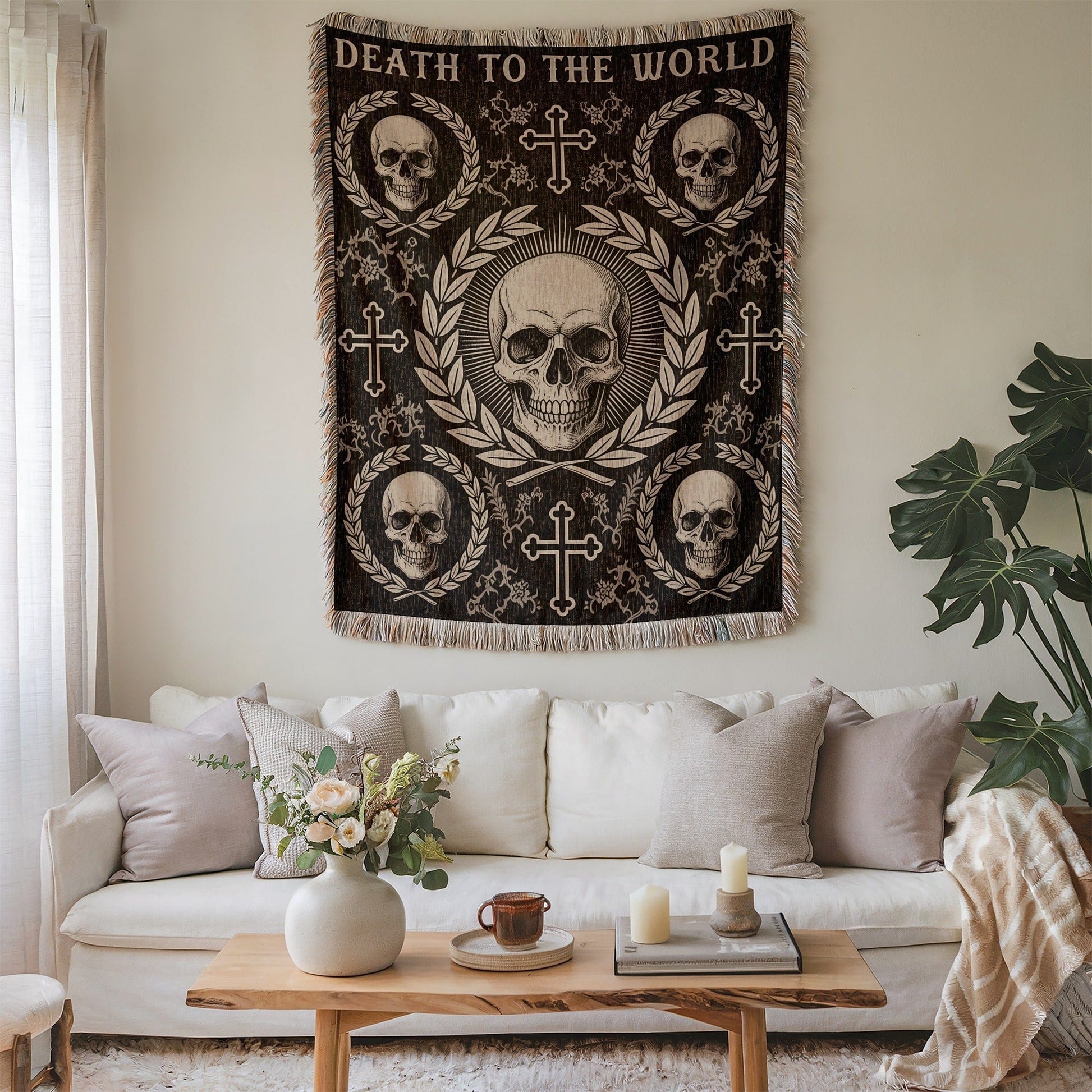 Death to the World Skull and Crosses Wall Tapestry