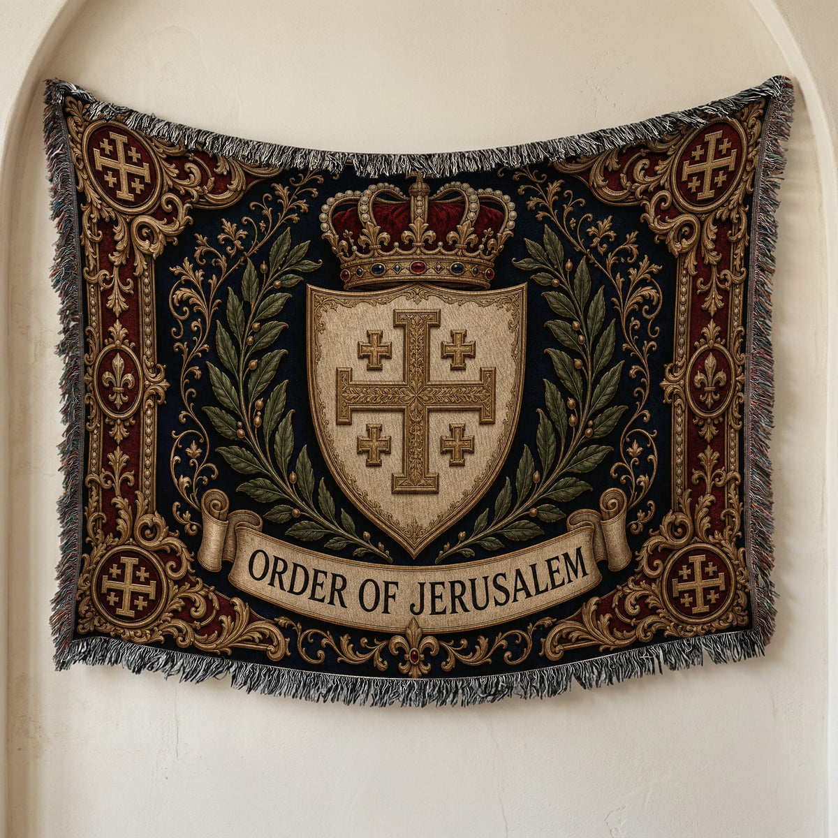 CalmNestStyle Order of Jerusalem Crest I Crimson Border jacquard woven blanket