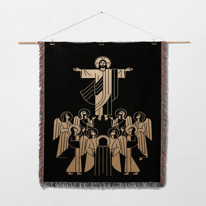 Jesus surrounded by angels on a black tapestry.