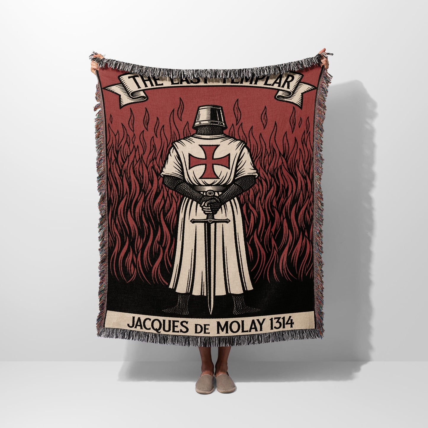 Templar Knight with sword on flaming background, Jacques de Molay 1314.