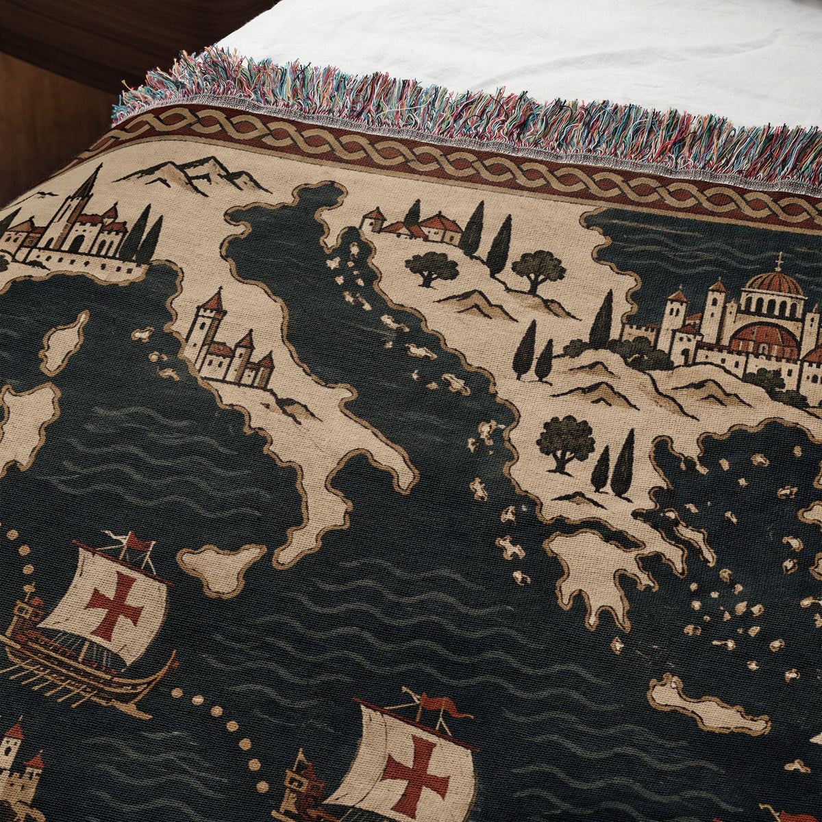 CalmNestStyle Crusader Sea Route Map I Aegean Islands jacquard woven blanket