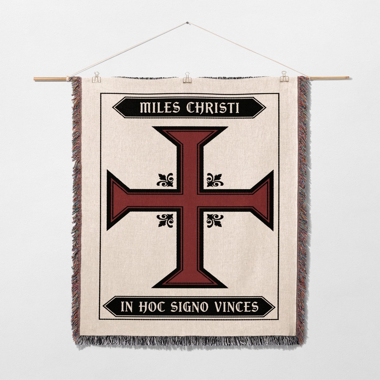 Embroidered tapestry with Miles Christi and In Hoc Signo Vinces text, featuring a red cross.