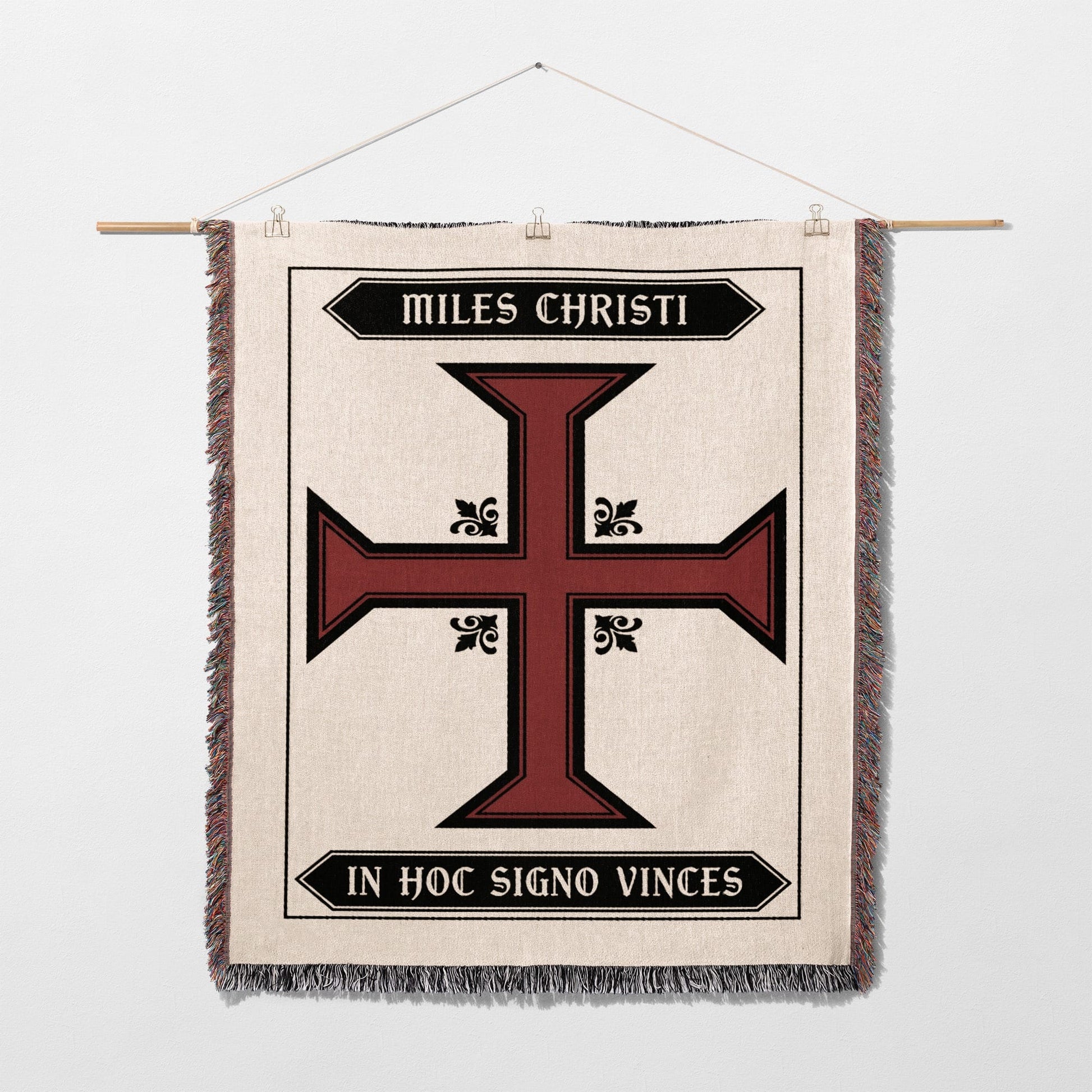 Embroidered tapestry with Miles Christi and In Hoc Signo Vinces text, featuring a red cross.