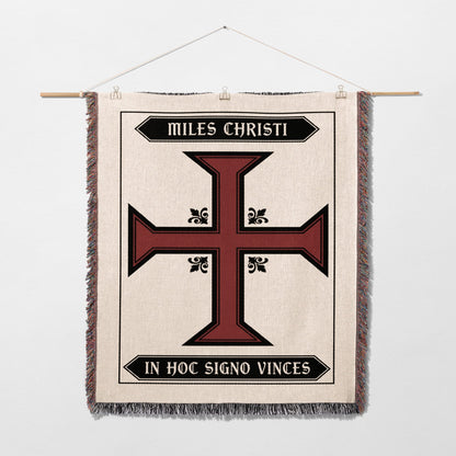 Embroidered tapestry with Miles Christi and In Hoc Signo Vinces text, featuring a red cross.