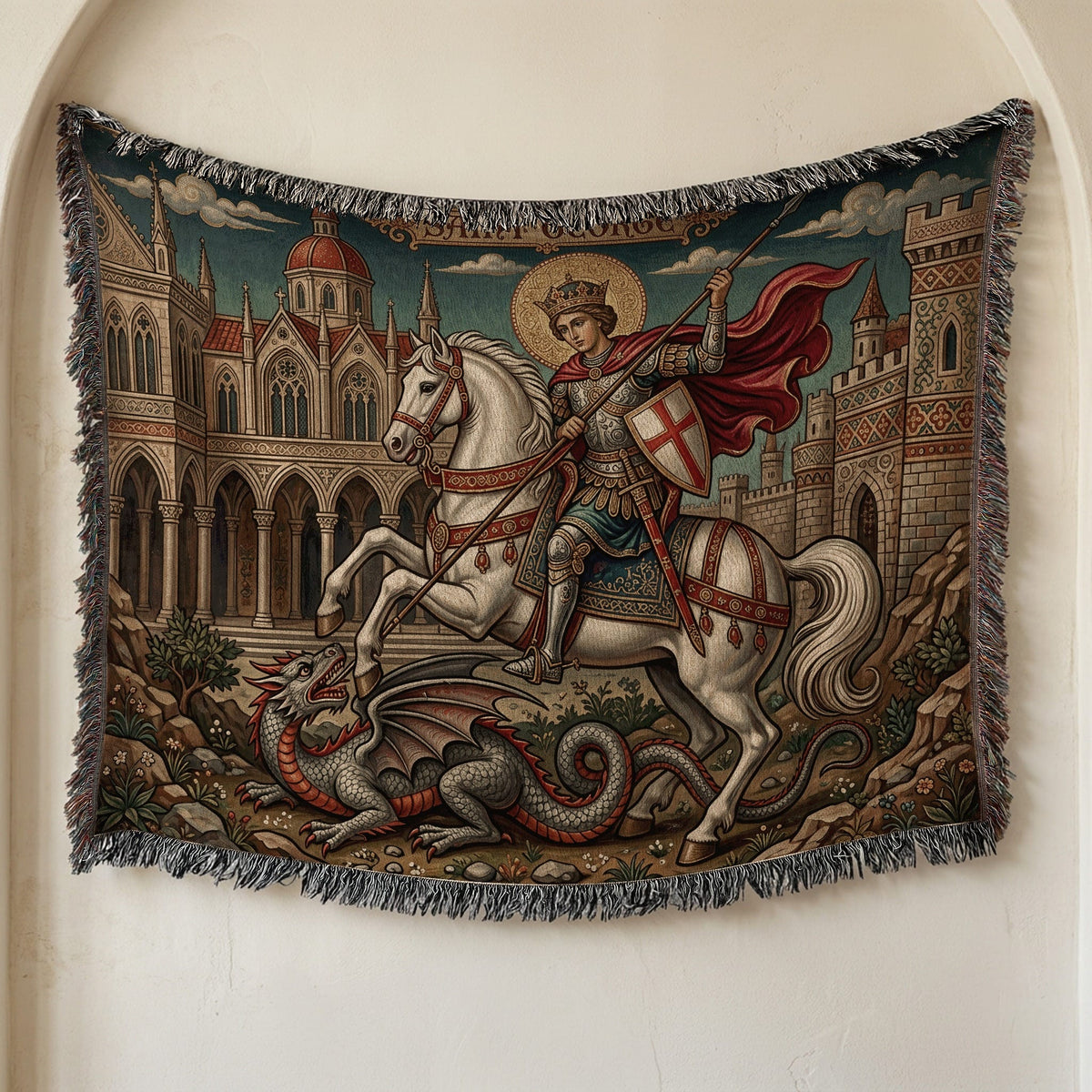CalmNestStyle Saint George Parchment Scroll jacquard woven blanket