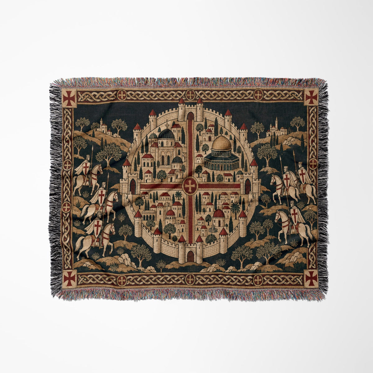CalmNestStyle Crusader Jerusalem Round Map I Green Hills jacquard woven blanket