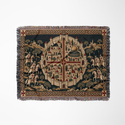 CalmNestStyle Crusader Jerusalem Round Map I Green Hills jacquard woven blanket