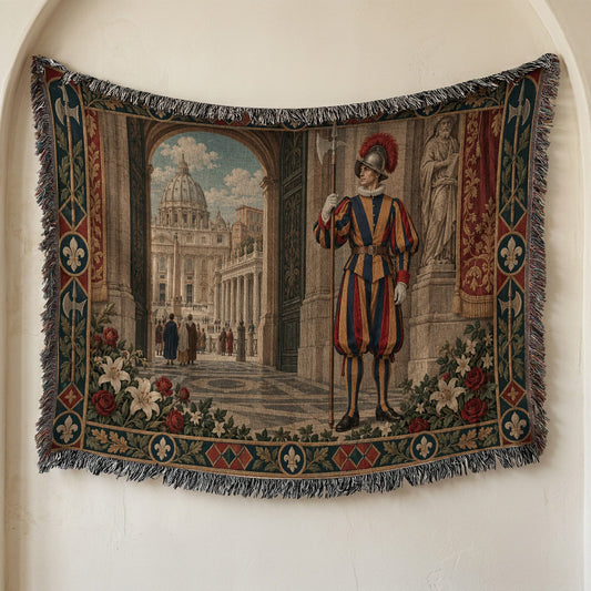 Woven tapestry featuring a Swiss Guard holding a halberd, framing a view of St. Peter's Basilica.