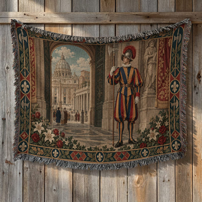 A woven tapestry depicting a Swiss Guard holding a halberd before St. Peter's Basilica.