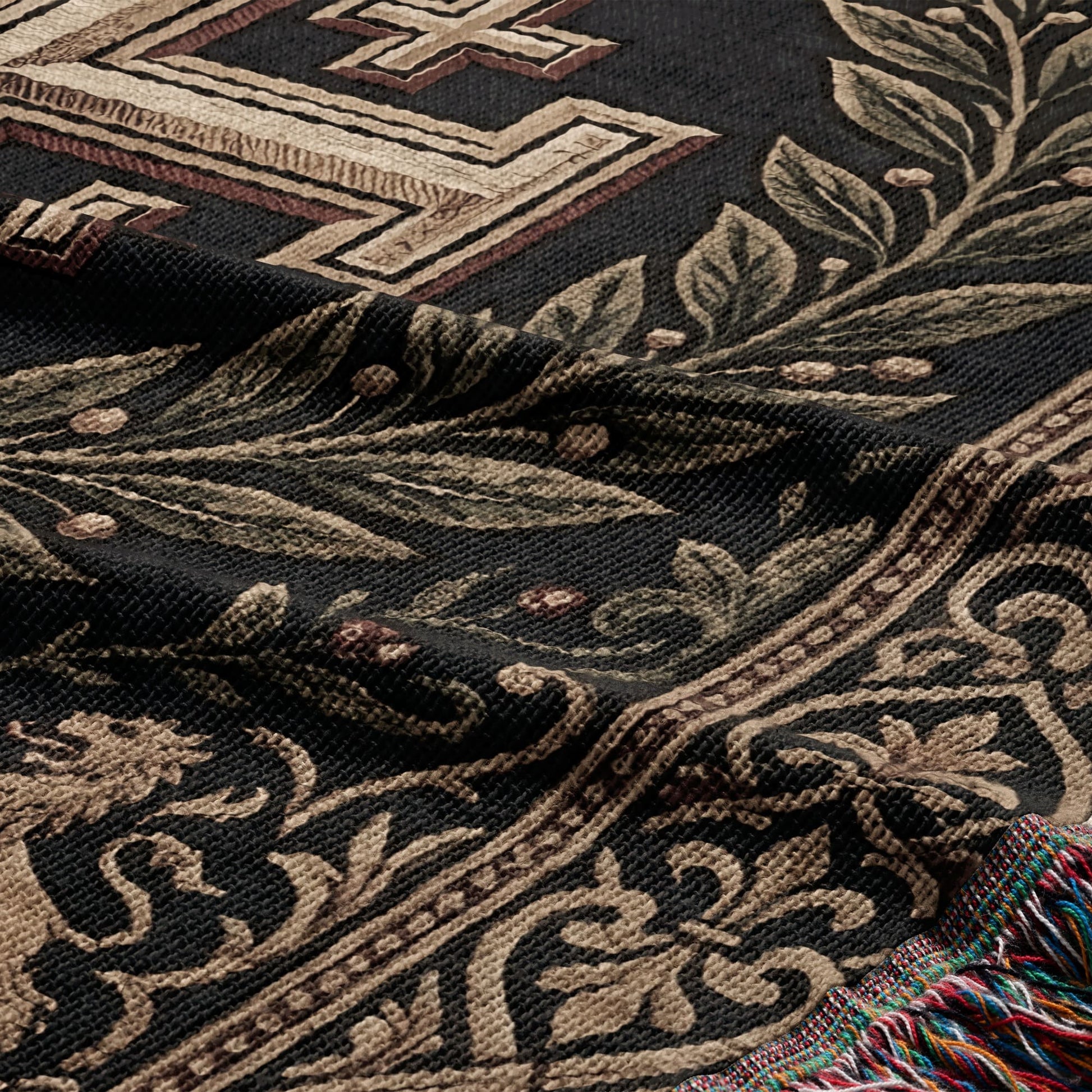 Black tapestry throw with ornate damask pattern and a multi-colored fringe.