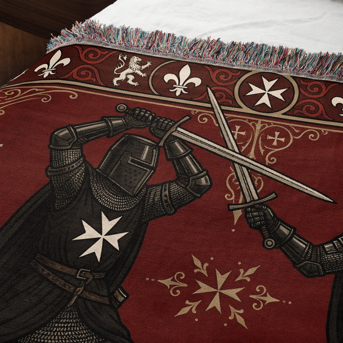 CalmNestStyle Hospitaller Knights Duel Cream Heraldic Border Woven Blanket jacquard woven blanket