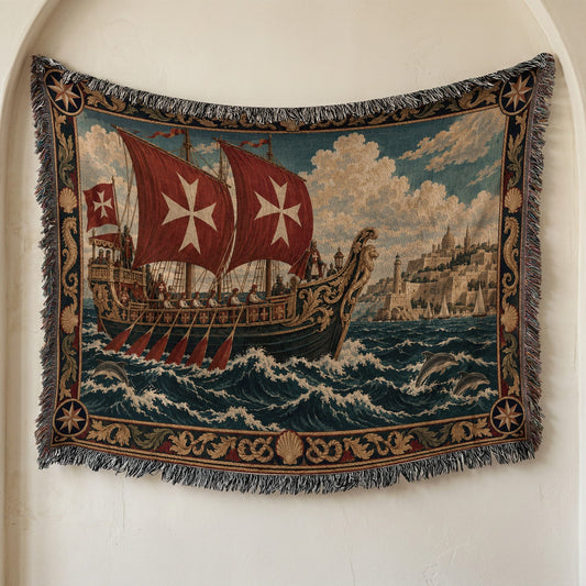 CalmNestStyle Knights of Malta Galleon with Red Cross Sails Woven Blanket jacquard woven blanket