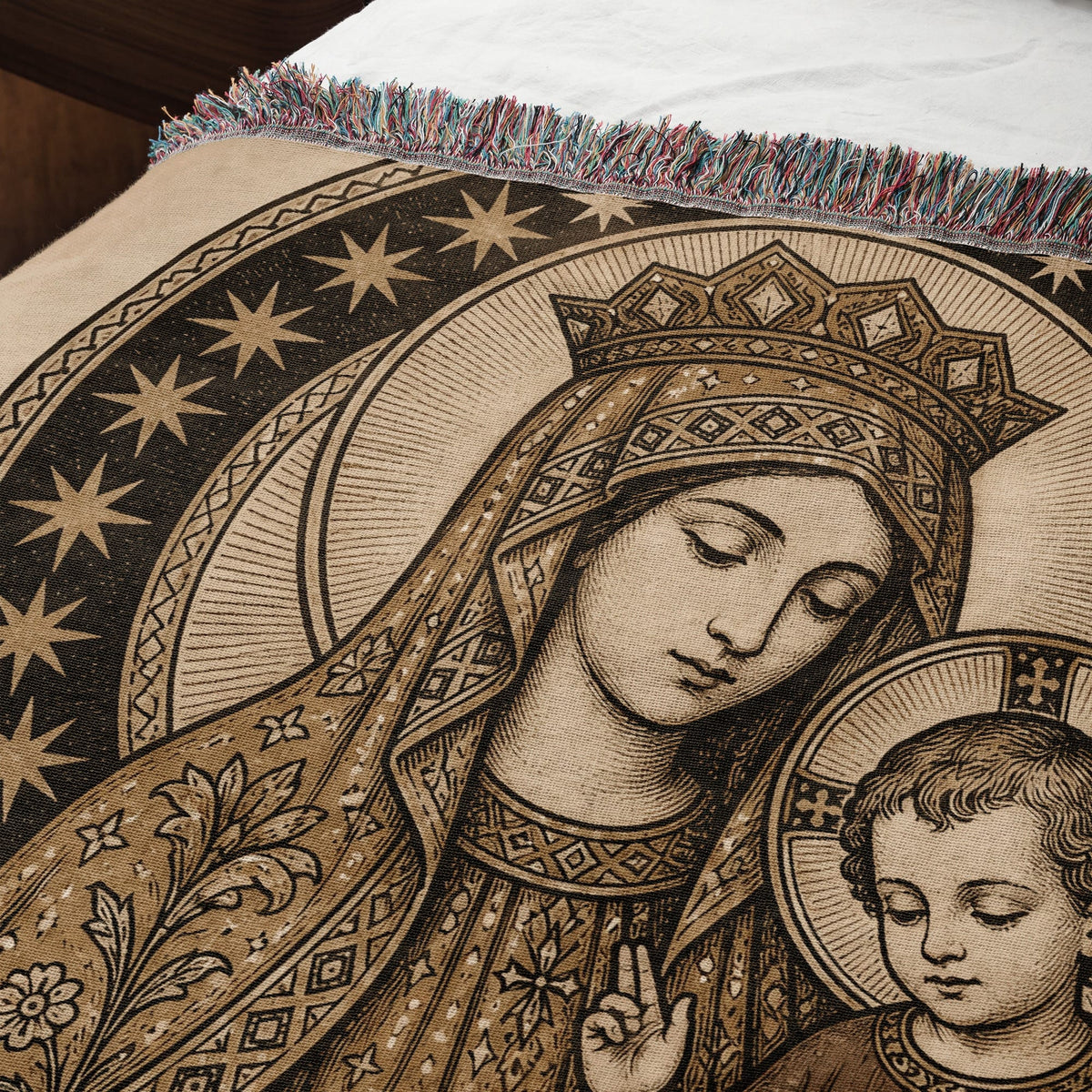 CalmNestStyle Madonna and Child in Gold jacquard woven blanket