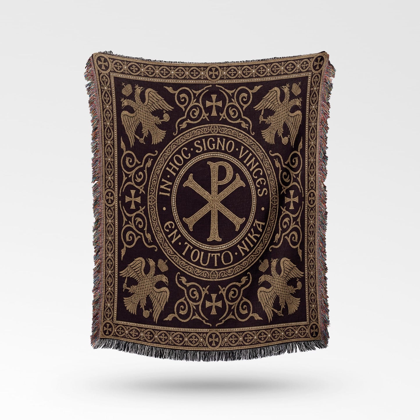 Dark brown blanket with gold Christian Chi Rho symbol and eagles in ornamental border.