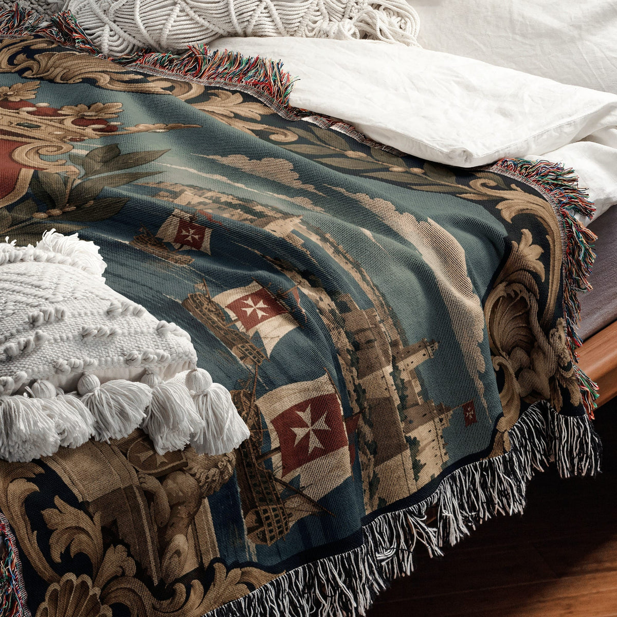 CalmNestStyle Valletta Harbor with Crowned Hospitaller Shield Woven Blanket jacquard woven blanket