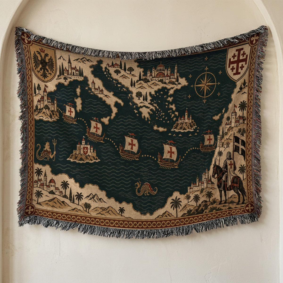 CalmNestStyle Crusader Sea Route Map I Aegean Islands jacquard woven blanket