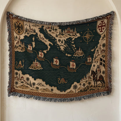CalmNestStyle Crusader Sea Route Map I Aegean Islands jacquard woven blanket