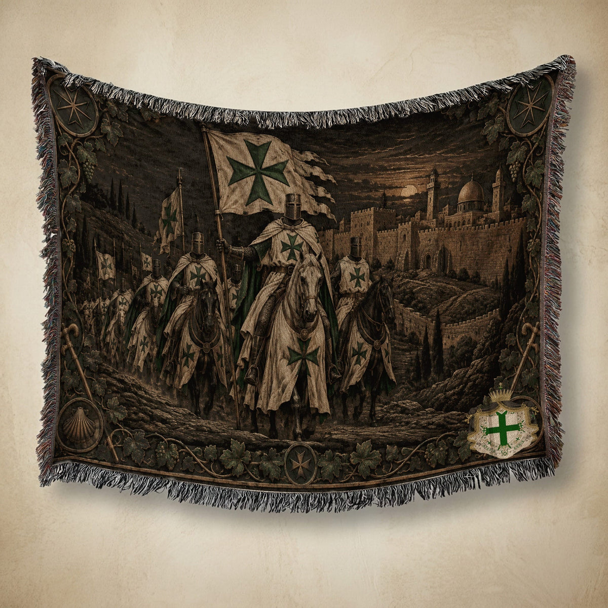 MyDesigns Saint Lazarus Host I Green Maltese Crosses at Dusk jacquard woven blanket