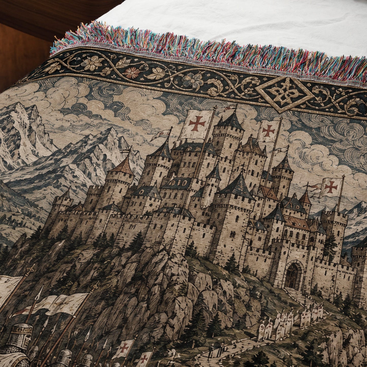 MyDesigns Medieval Castle Tapestry Woven Blanket – Templar Banners Mountain Fortress, Golden jacquard woven blanket