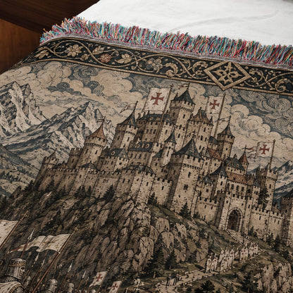 MyDesigns Medieval Castle Tapestry Woven Blanket – Templar Banners Mountain Fortress, Golden jacquard woven blanket
