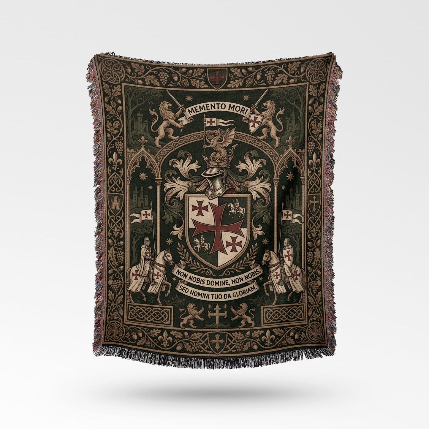 Tapestry with knights, lions, crest, and Latin text "Memento Mori" and "Non Nobis Domine".