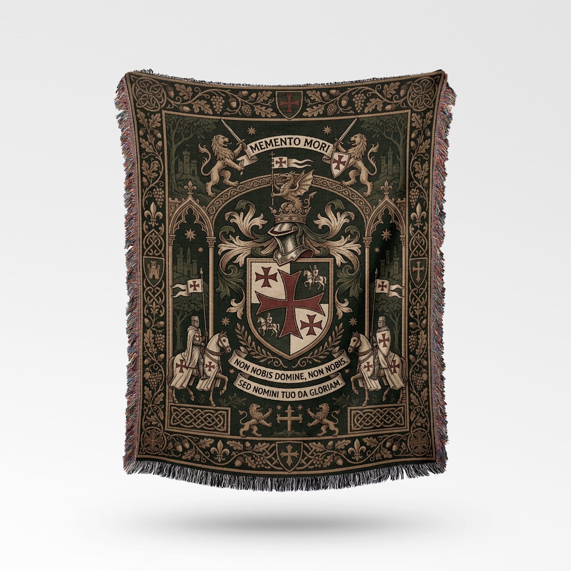 Tapestry with knights, lions, crest, and Latin text "Memento Mori" and "Non Nobis Domine".