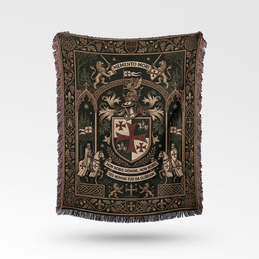 Tapestry with knights, lions, crest, and Latin text "Memento Mori" and "Non Nobis Domine".