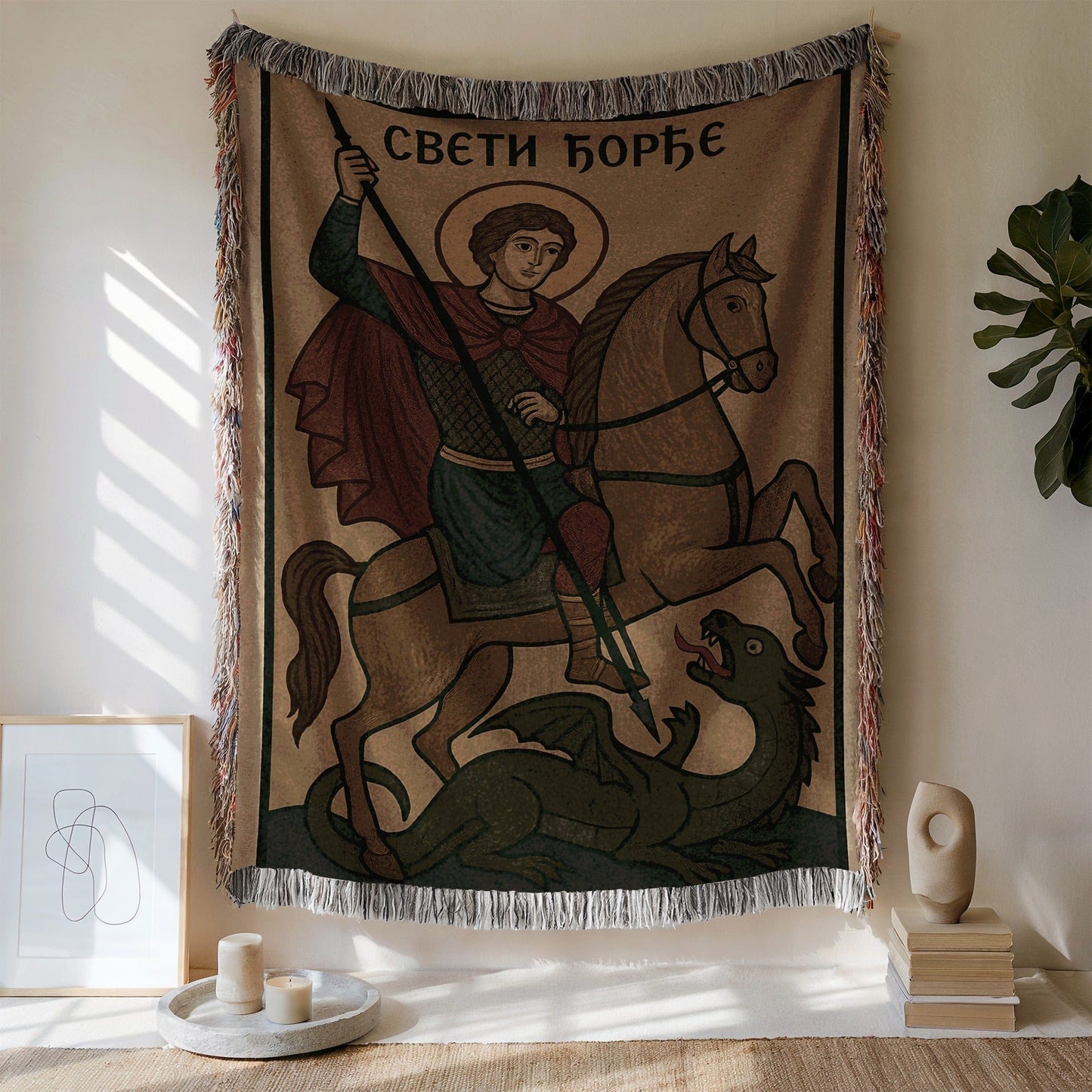 Iconic depiction of a legendary hero on decorative tapestry
