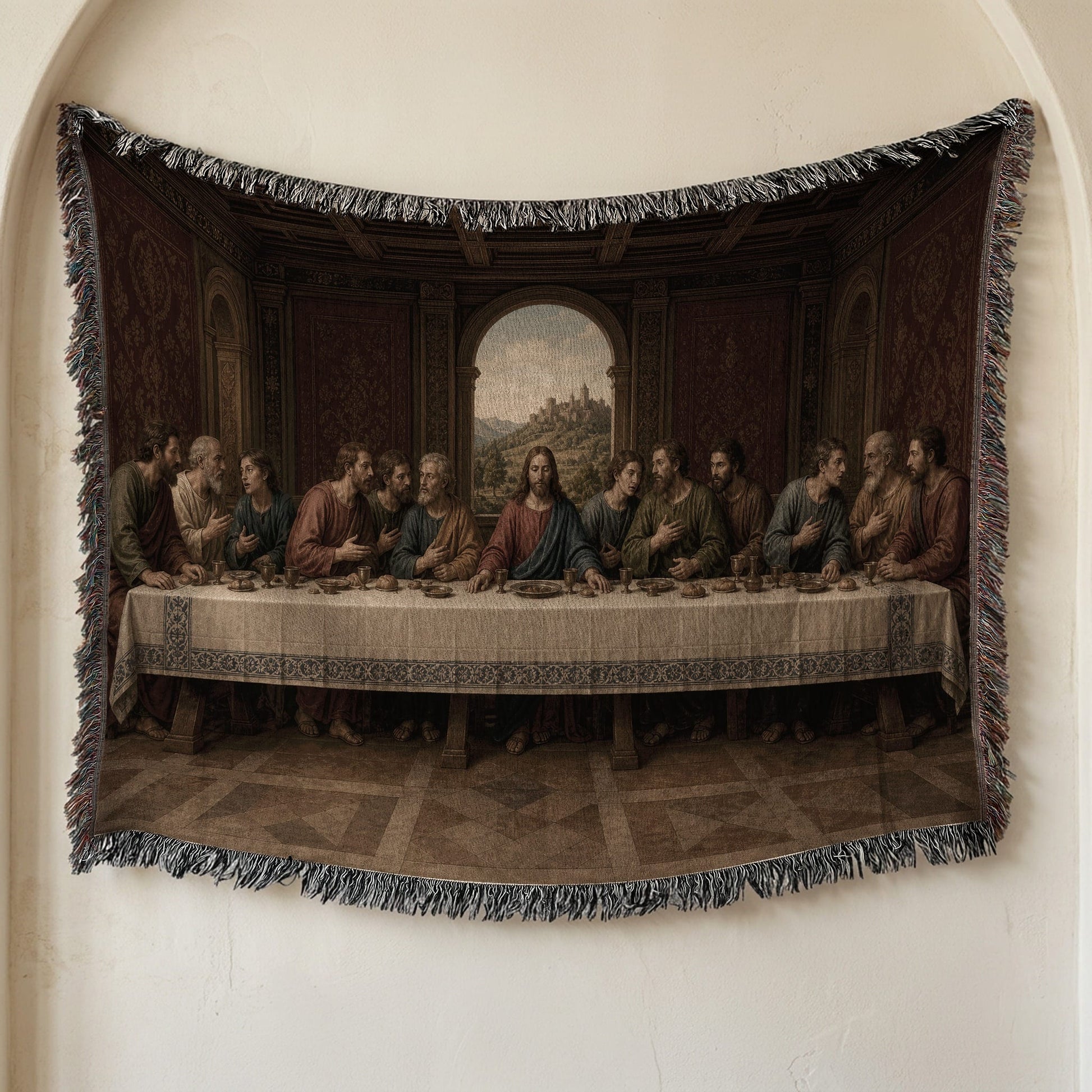 MyDesigns Catholic Last Supper Woven Throw – Renaissance Window Scene, Jacquard Cotton Blanket jacquard woven blanket