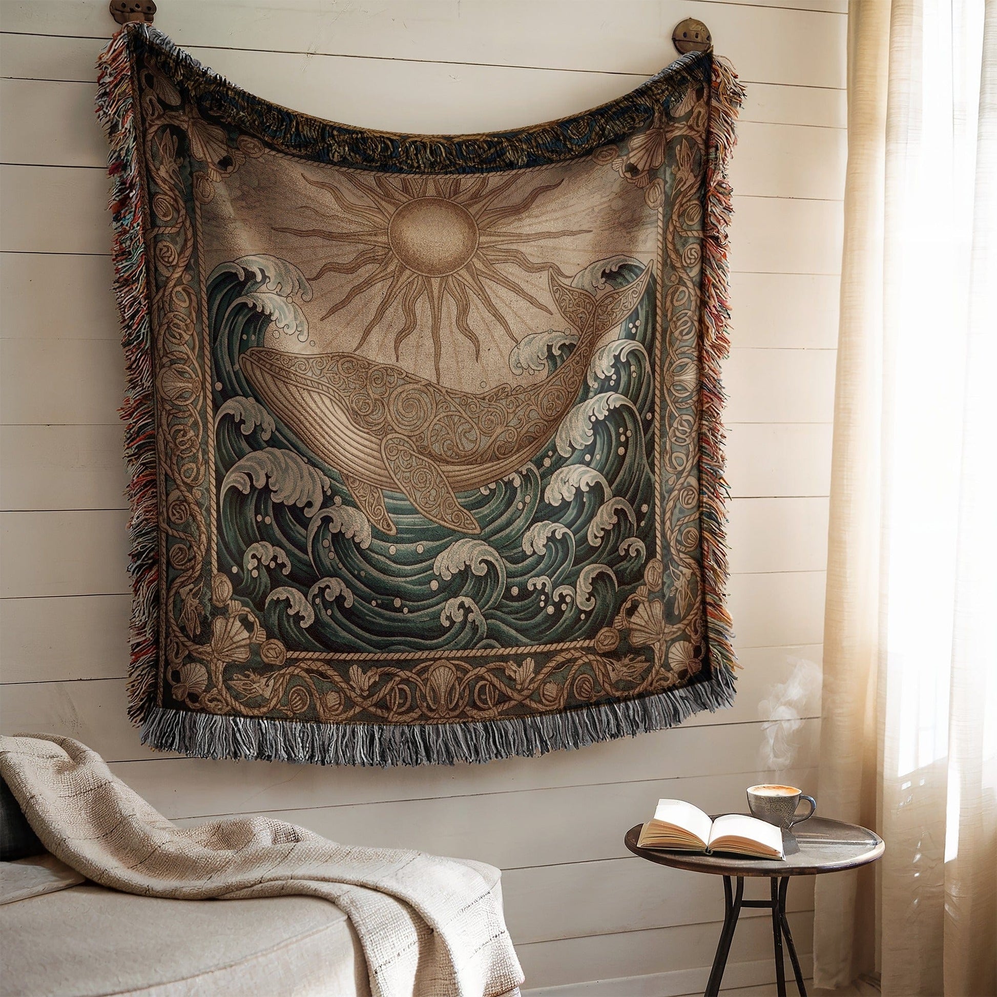 Sun and Whale Tapestry with Ocean Waves Design