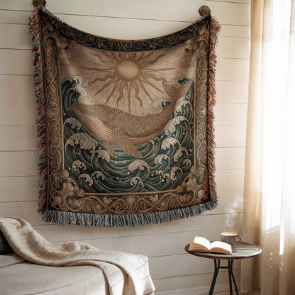 Sun and Whale Tapestry with Ocean Waves Design