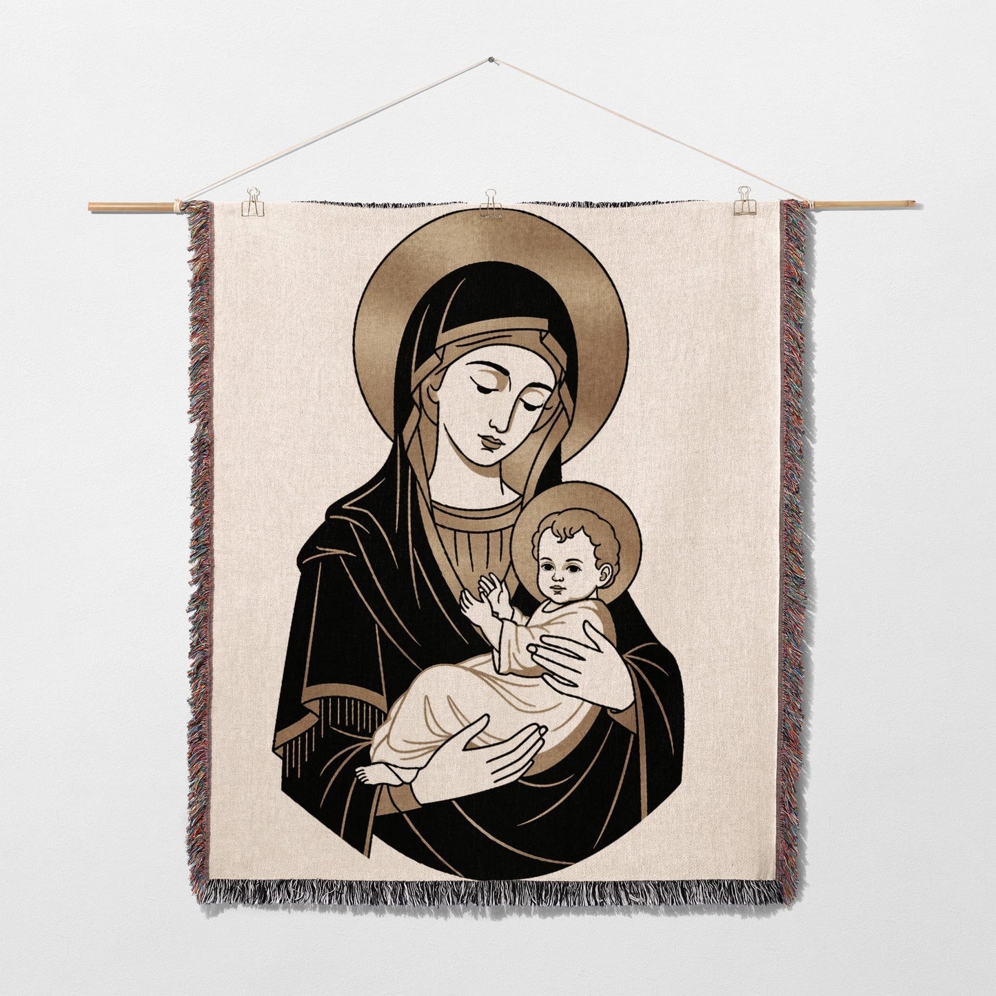 Tapestry depicting the Virgin Mary holding the infant Jesus, a halo behind each figure.