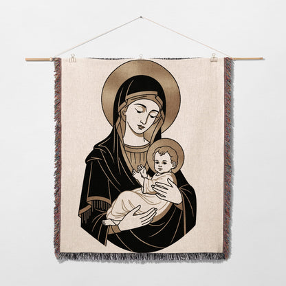 Tapestry depicting the Virgin Mary holding the infant Jesus, a halo behind each figure.