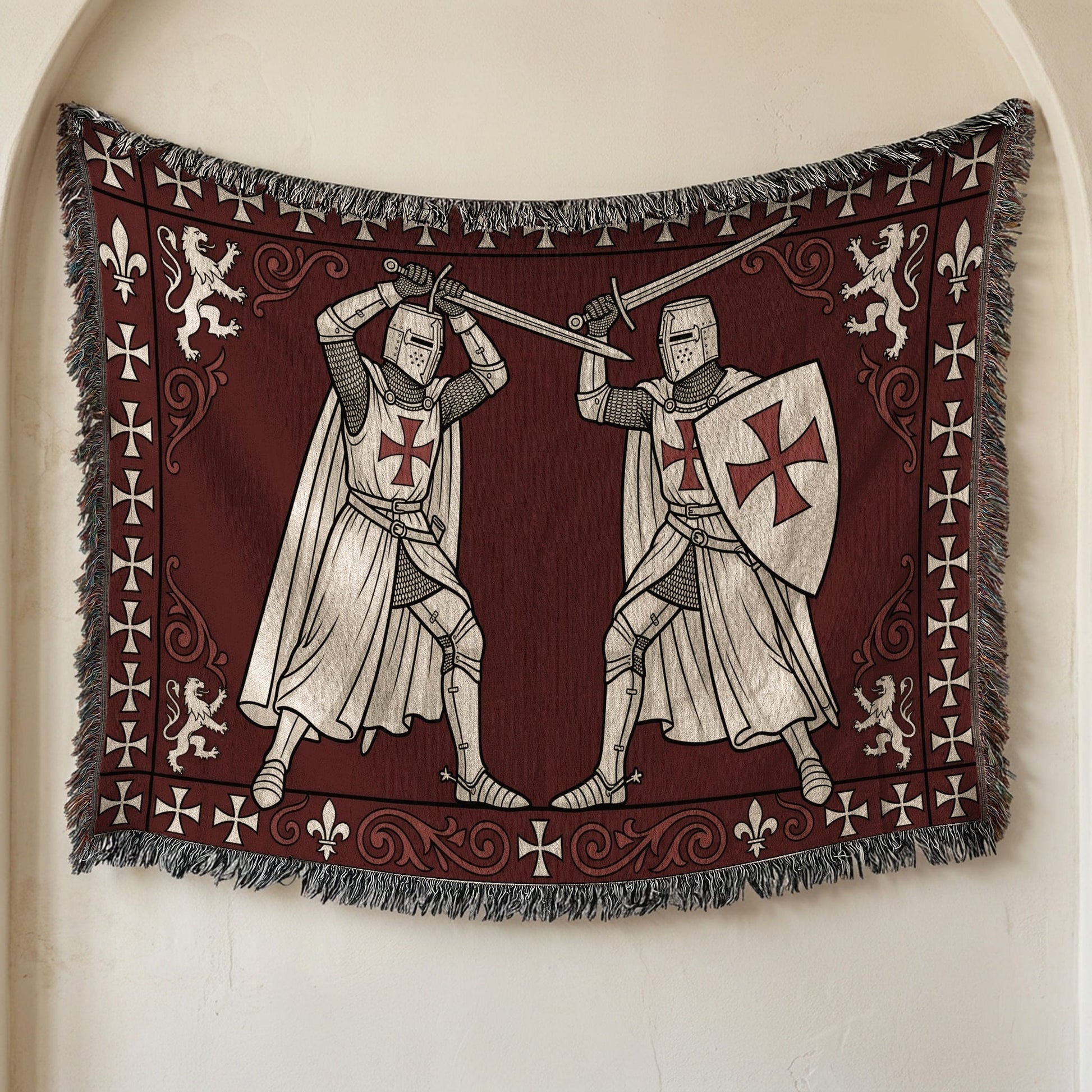 MyDesigns Medieval Tapestry Blanket – Knights Templar Duel Woven Throw, White Cross Border jacquard woven blanket