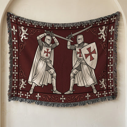 MyDesigns Medieval Tapestry Blanket – Knights Templar Duel Woven Throw, White Cross Border jacquard woven blanket